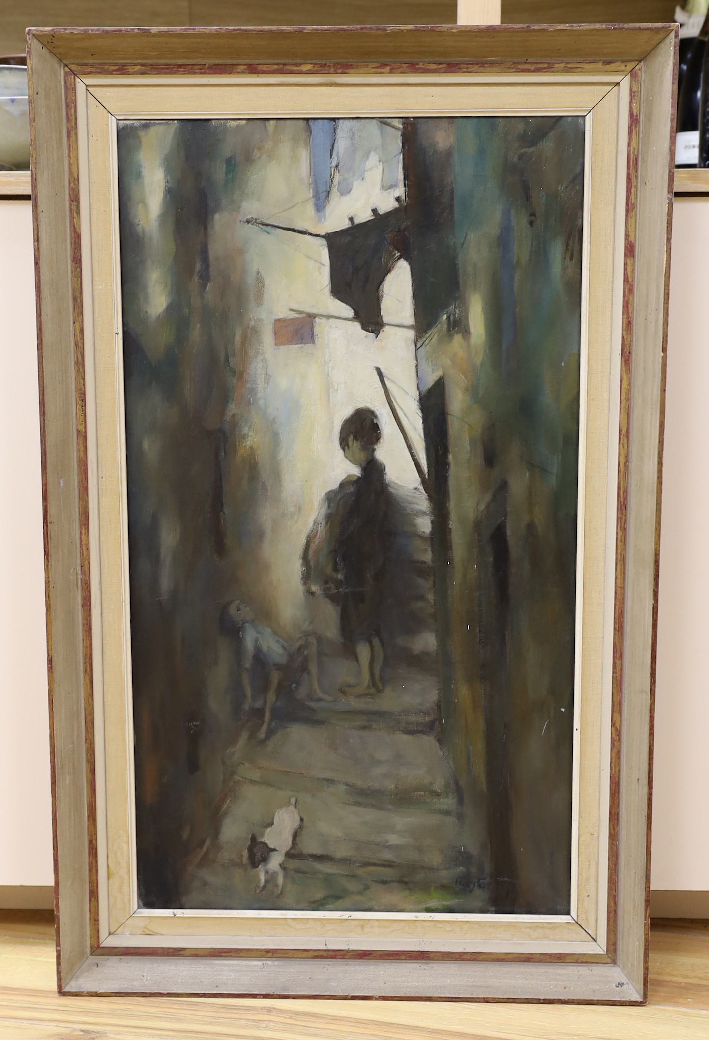 Robin Hayter, oil on canvas, Urchins in an alleyway, signed, label verso inscribed Care of R.A. Schools Burlington House, 73 x 40cm